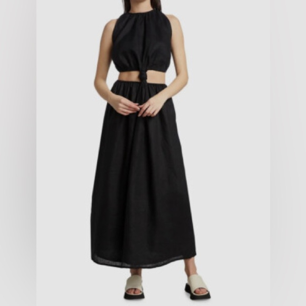 Faithfull the Brand Zeta Black 100% Linen Cutout Midi Dress Size 6